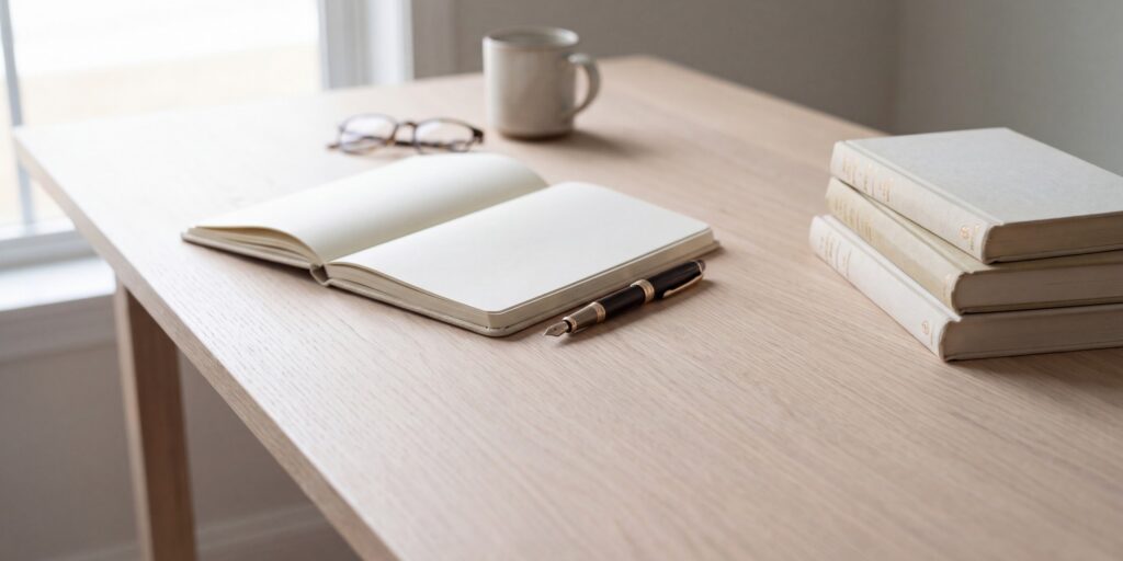 An open notebook and a pen beside reading glasses and a coffee mug on a pale wood desk