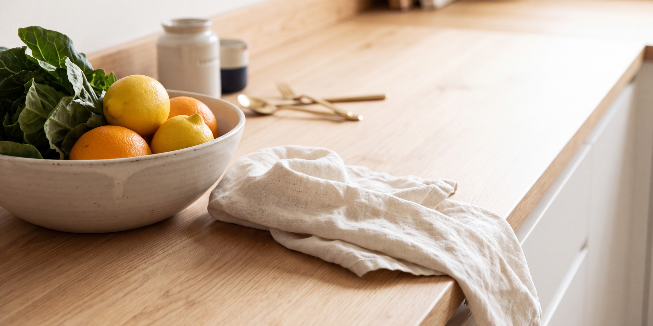 A bowl of lemons and oranges beside a linen cloth on a wood counter