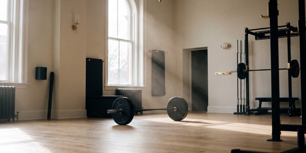 A loaded barbell on a sunlit wood floor beside a squat rack and tall windows