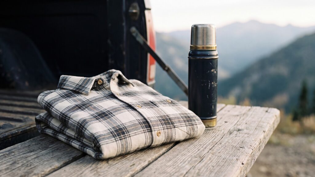 A folded flannel shirt and a thermos on a truck tailgate, with Colorado mountains behind