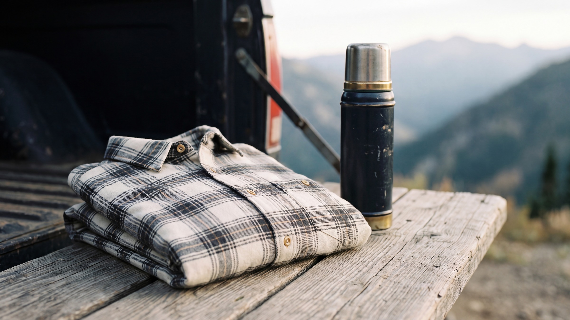 A folded flannel shirt and a thermos on a truck tailgate, with Colorado mountains behind