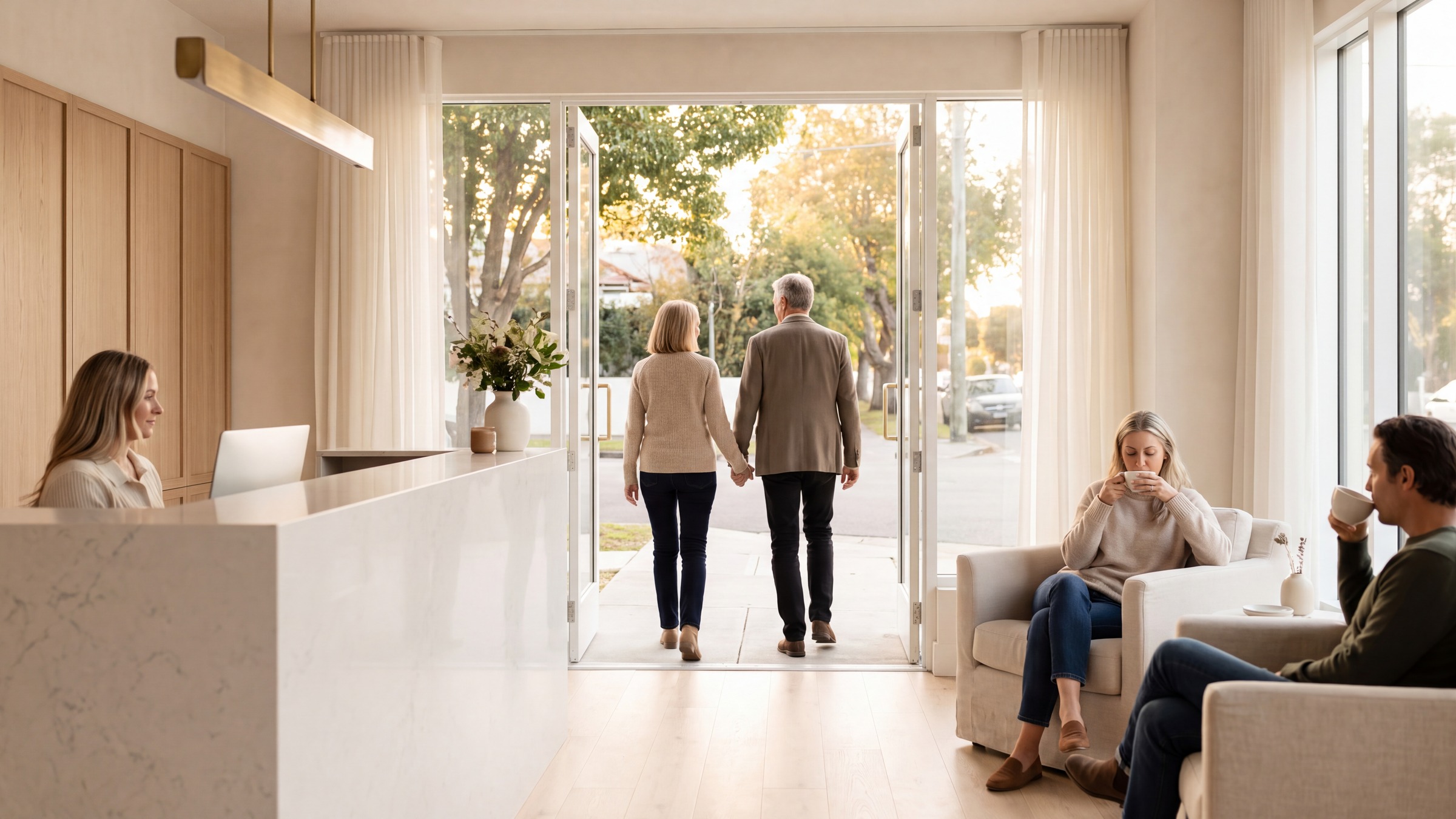 A couple walks hand in hand out of a bright clinic into the afternoon sun